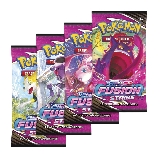 Pokémon Sword & Shield Fusion Strike booster packs med 10 spelkort, visar ikoniska karaktärer och färgglada omslag.