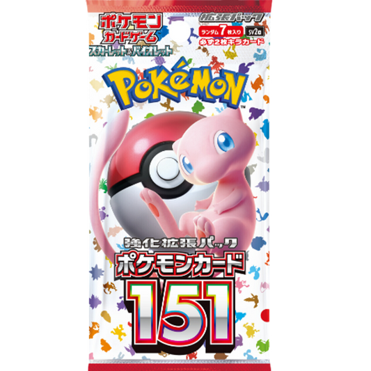 Pokémon Card 151 booster pack med klassiska karaktärer, inklusive Mew och en ikonisk Poké Ball-design, innehåller 10 spelkort.