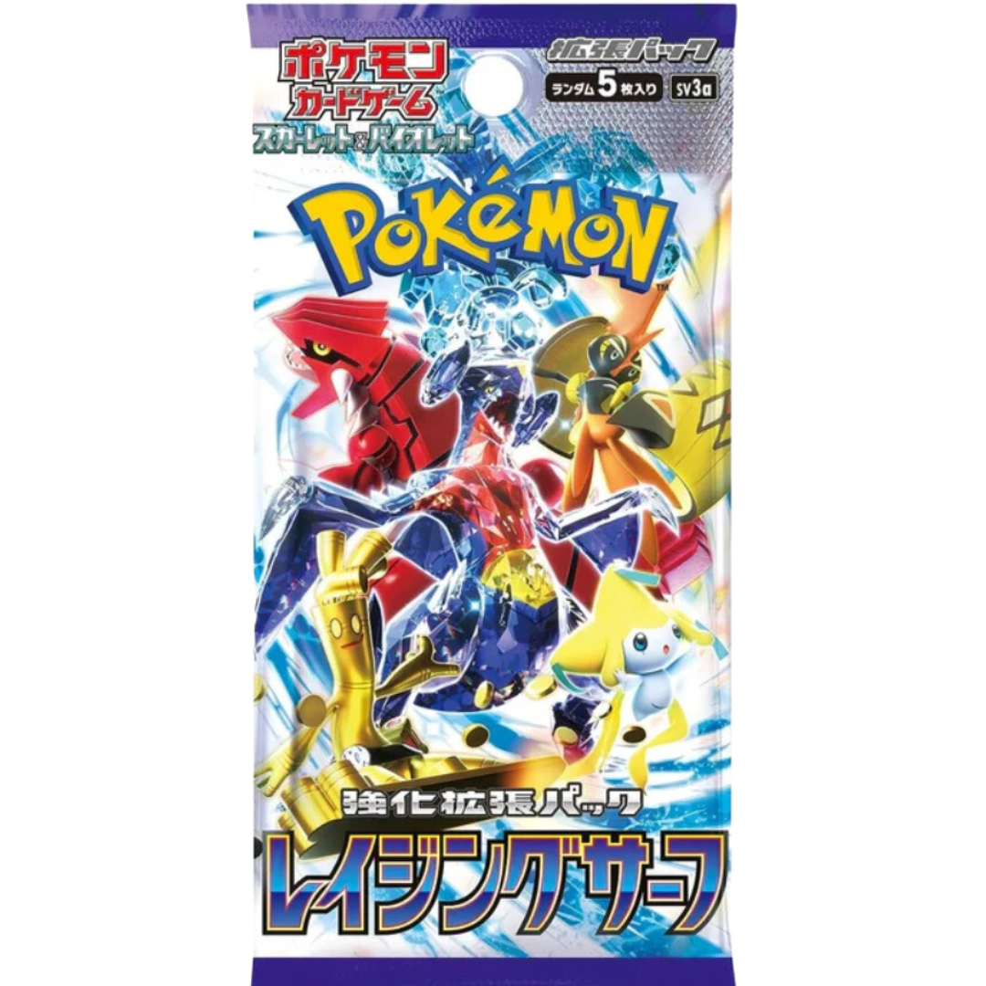 Pokémon Raging Surf booster pack med 5 spelkort, illustrerat med legendariska vatten- och elektriska Pokémon på en vågig bakgrund.