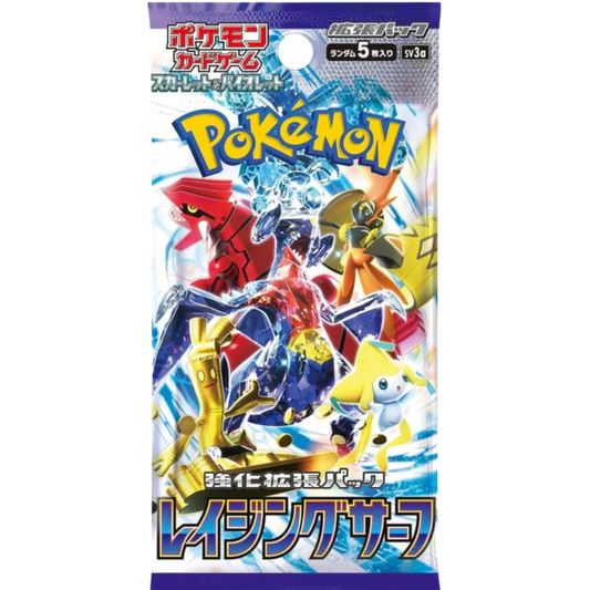 Pokémon Raging Surf booster pack med 5 spelkort, illustrerat med legendariska vatten- och elektriska Pokémon på en vågig bakgrund.