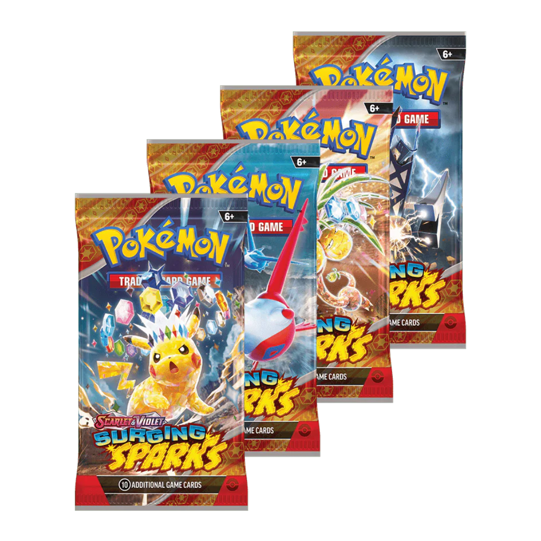 Pokémon Scarlet & Violet Surging Sparks booster packs med 10 spelkort, illustrerade med elektriska Pokémon-teman och färgstarka designer.