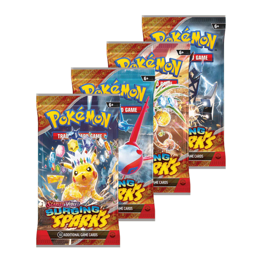 Pokémon Scarlet & Violet Surging Sparks booster packs med 10 spelkort, illustrerade med elektriska Pokémon-teman och färgstarka designer.