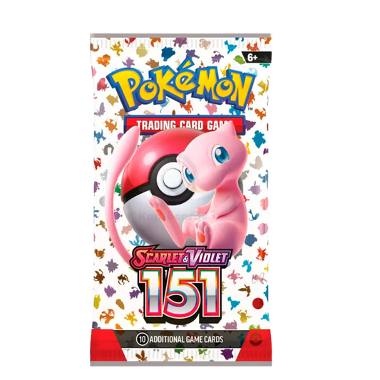 Pokémon Scarlet & Violet 151 booster pack med 10 spelkort, visar Mew och en röd Poké Ball mot en bakgrund med silhuetter av de klassiska Pokémon.