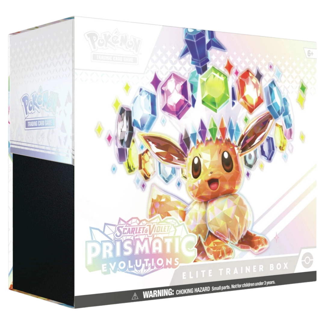 Elite Trainer Box från Scarlet & Violet Prismatic Evolutions med Eevee och exklusiva Pokémon TCG kort.