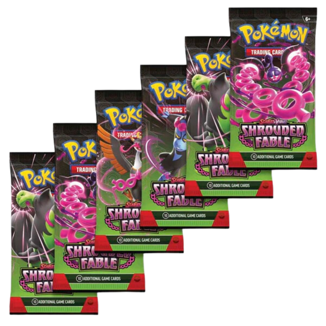 Pokémon Scarlet & Violet Shrouded Fable booster pack med 10 spelkort, visar mörka och mystiska Pokémon i en dramatisk design.