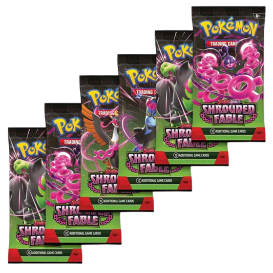 Pokémon Scarlet & Violet Shrouded Fable booster pack med 10 spelkort, visar mörka och mystiska Pokémon i en dramatisk design.