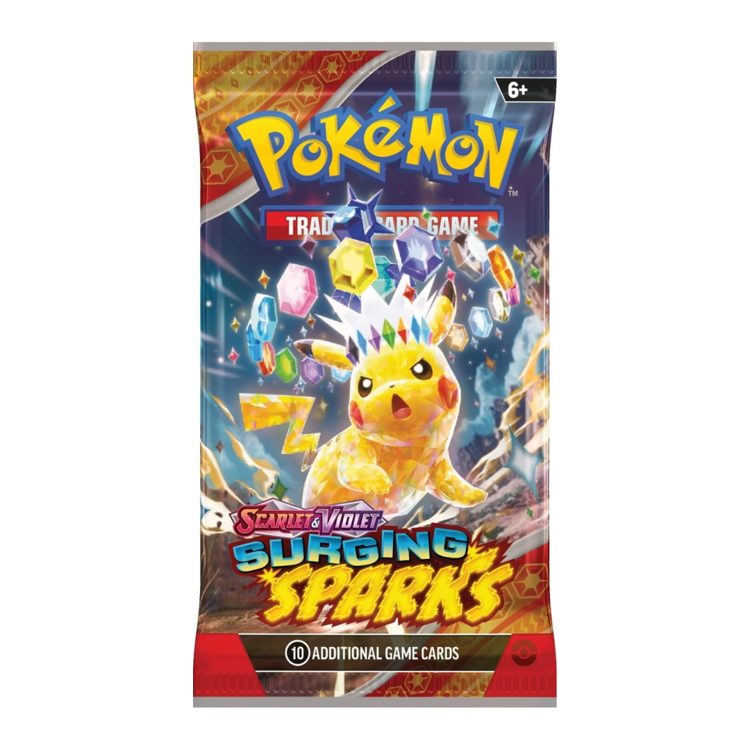 Pokémon Scarlet & Violet Surging Sparks booster packs med 10 spelkort, illustrerade med elektriska Pokémon-teman och färgstarka designer.