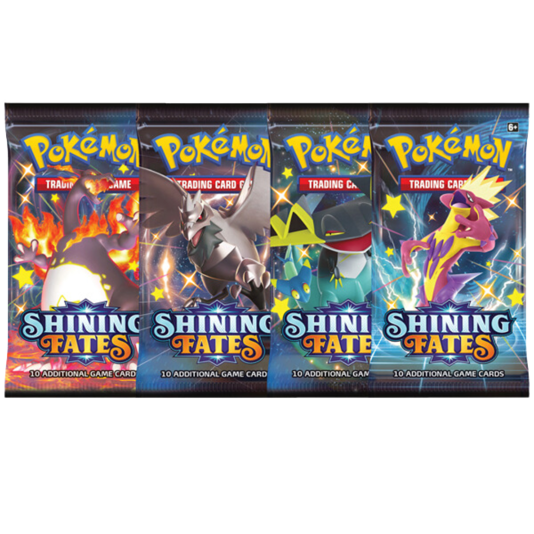 Pokémon Shining Fates booster pack med 10 spelkort, featuring Shiny Pokémon och glittrande illustrationer.