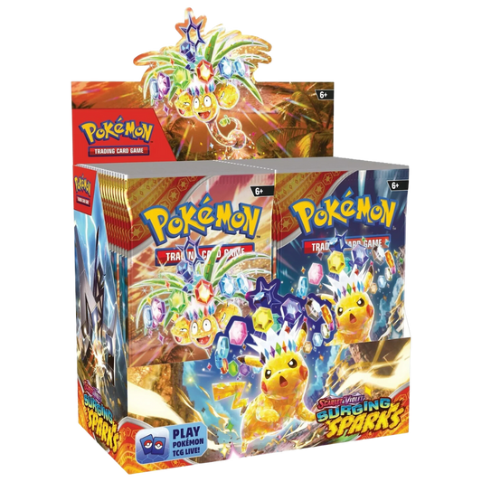 En pokémon TCG Scarlet & Violet: Surging Sparks booster box.