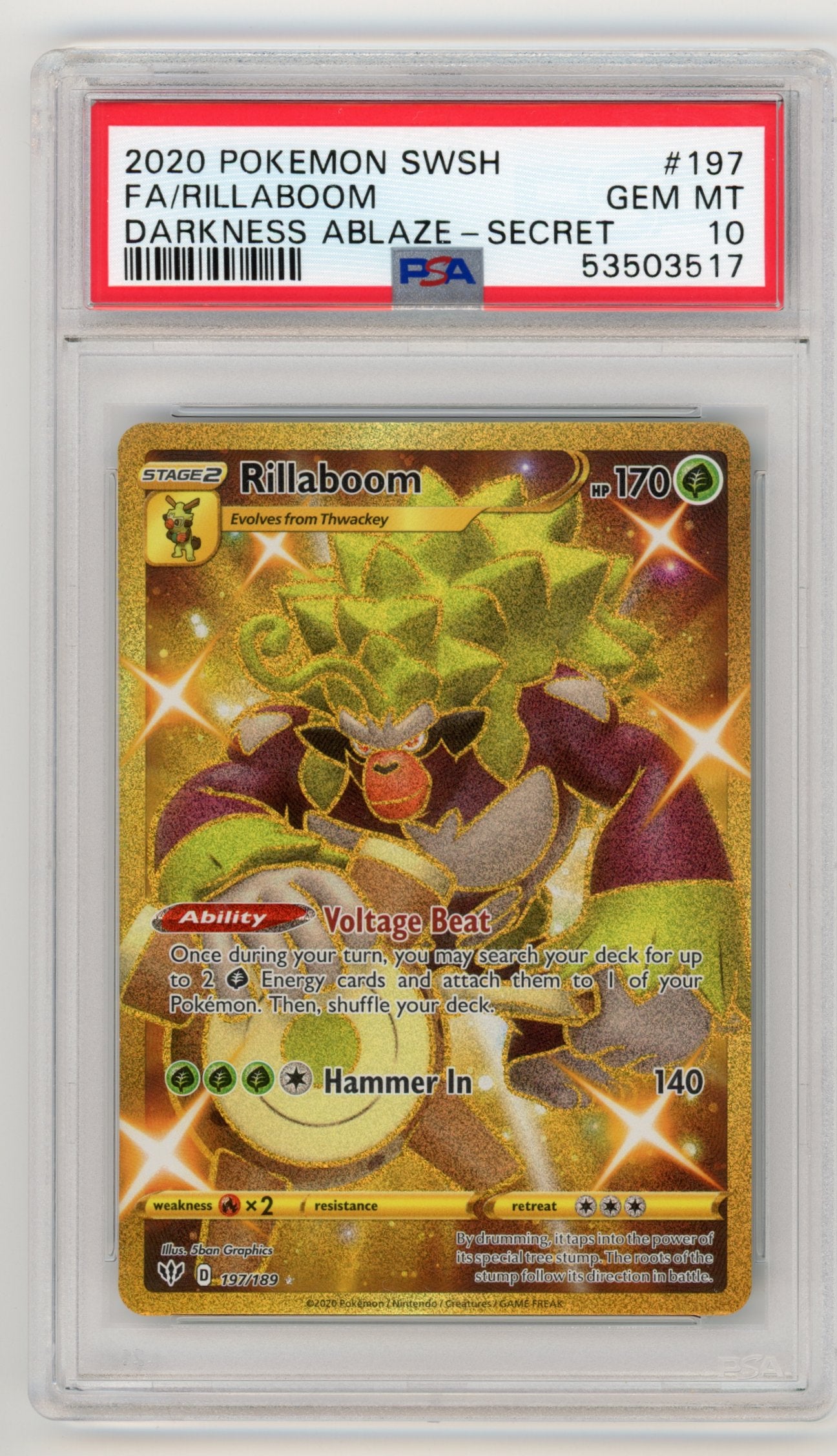 Rillaboom - #197/189 PSA 10 - Pokémon Sword & Shield: Darkness Ablaze